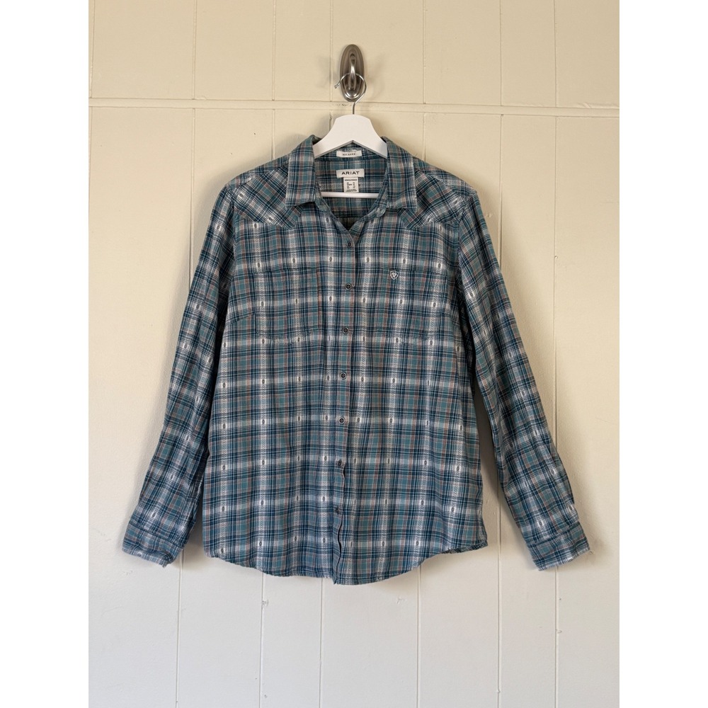 Ariat Womens‎ Relaxed Fit Plaid Western Button Down Shirt Teal Size XL Cowgirt